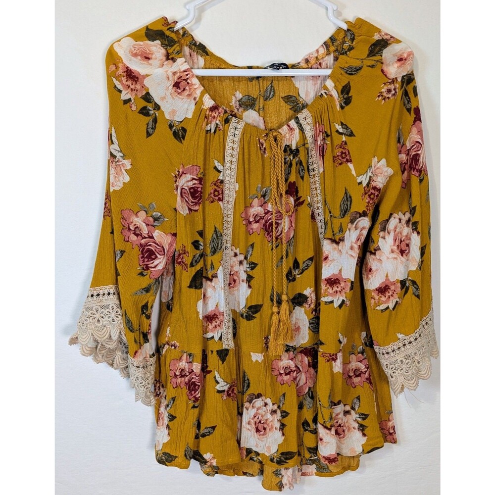 Inne Trend Womens Medium Floral Boho Top Mustard Yellow Crochet Lace Trim
